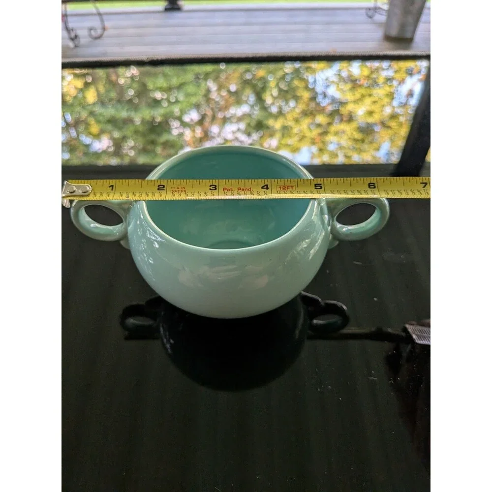Mid Century Modern Vintage Mist Green Aqua Pottery Sugar Bowl Detailed Handles